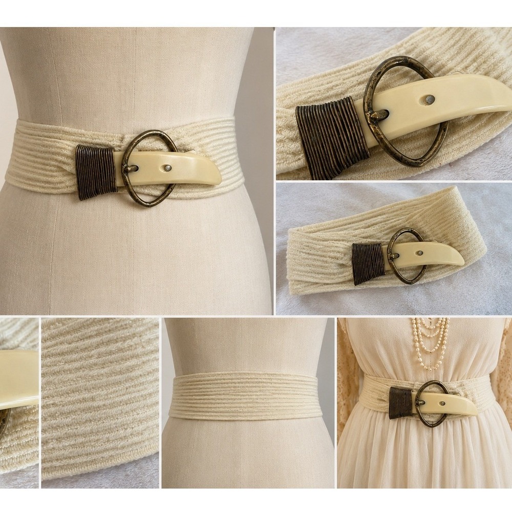 Vintage Stretch Belt Faux Horn Brass Buckle Cream Wide Waist Belt Costume Piece